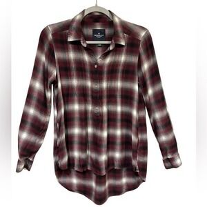 American Eagle Womens Plaid Flannel Button Front Shirt Burgundy Gray Size‎ Small
